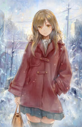 Rule 34 | 1girl, bag, bare tree, black thighhighs, blue skirt, brown hair, building, cityscape, closed mouth, coat, cowboy shot, dated, fur-trimmed coat, fur trim, hand in pocket, handbag, highres, holding, holding bag, long hair, long sleeves, miniskirt, orange eyes, original, outdoors, pleated skirt, red coat, shirt, sidelocks, signature, skirt, smile, snowing, solo, standing, thighhighs, transformer, tree, utility pole, white shirt, wing collar, winter, winter clothes, yahiro (heartseek000), zettai ryouiki
