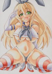 Rule 34 | 1girl, alternate breast size, atago (kancolle), black panties, blonde hair, breasts, cosplay, elbow gloves, gloves, green eyes, hairband, kantai collection, large breasts, long hair, looking at viewer, marker (medium), millipen (medium), navel, open mouth, panties, salute, shimakaze (kancolle), shimakaze (kancolle) (cosplay), simple background, slit pupils, solo, squatting, striped clothes, striped thighhighs, thighhighs, traditional media, underboob, underwear, uneven eyes, white background, white gloves, yutakasan-love
