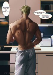 Rule 34 | 1boy, afterglow, ass, back, back focus, blonde hair, collared shirt, contrapposto, cuts, english text, facing away, feet out of frame, highres, injury, jujutsu kaisen, kitchen, lipstick, long sleeves, makeup, male focus, mature male, muscular, muscular male, nanami kento, pov dating, shirt, short hair, solo, speech bubble, standing, topless male, yuana