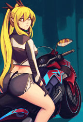 Rule 34 | 1girl, absurdres, ass, black gloves, black ribbon, black shorts, blonde hair, breasts, character request, commentary, cropped jacket, dark persona, demon tail, different reflection, dimples of venus, dolphin shorts, elf, english commentary, gloves, hair ribbon, hand on own thigh, hand on thigh, highres, long hair, looking back, medium breasts, midriff, motor vehicle, motorcycle, on motorcycle, original, pointy ears, race queen, raichiyo33, reflection, ribbon, shorts, solo, tail, turning head, twintails, very long hair