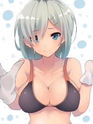 Rule 34 | 10s, 1girl, bare shoulders, bikini, bikini top only, black bikini, blue eyes, blurry, breasts, cleavage, closed mouth, collarbone, depth of field, dyson (edaokunnsaikouya), eyelashes, gloves, hair ornament, hair over one eye, hairclip, hamakaze (kancolle), kantai collection, large breasts, looking at viewer, short hair, silver hair, simple background, solo, swimsuit, tareme, wavy mouth, white background, white gloves