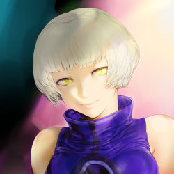 Rule 34 | 1girl, atlus, bad id, bad pixiv id, elizabeth (persona), looking at viewer, no headwear, persona, persona 3, portrait, short hair, smile, solo, ultra00, white hair, yellow eyes
