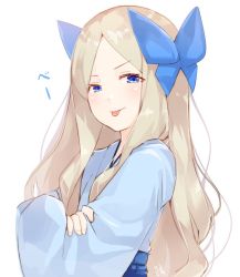 Rule 34 | 10s, 1girl, :p, asakaze (kancolle), blonde hair, blue eyes, bow, commentary request, crossed arms, furisode, hair bow, japanese clothes, kantai collection, kimono, long hair, long sleeves, looking at viewer, meiji schoolgirl uniform, meth (emethmeth), obi, parted bangs, sash, sidelocks, smirk, solo, tongue, tongue out, translated, upper body, white background, wide sleeves