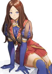 Rule 34 | 1girl, blue eyes, blue gloves, blue thighhighs, blush, breasts, brown dress, brown hair, dress, elbow gloves, fate/grand order, fate (series), forehead, gloves, highres, large breasts, leonardo da vinci (fate), long hair, looking at viewer, parted bangs, puff and slash sleeves, puffy short sleeves, puffy sleeves, ranma (kamenrideroz), red skirt, short sleeves, sitting, skirt, smile, solo, thighhighs
