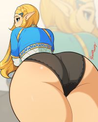 Rule 34 | 1girl, alternate eye color, ass, ass focus, black panties, blonde hair, blue eyes, close-up, from behind, highres, huge ass, long hair, looking at viewer, looking back, nintendo, panties, pointy ears, princess zelda, probablynoon, skin tight, solo, the legend of zelda, the legend of zelda: breath of the wild, thick thighs, thighs, underwear, wide hips