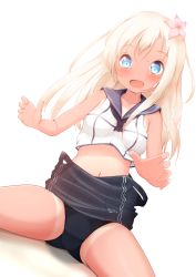 Rule 34 | 10s, 1girl, blonde hair, blue eyes, clothes pull, covered navel, dutch angle, facing viewer, flower, hair flower, hair ornament, highres, kantai collection, long hair, mochiyuki, one-piece swimsuit, one-piece swimsuit pull, one-piece tan, open mouth, ro-500 (kancolle), sailor collar, school swimsuit, sitting, solo, swimsuit, swimsuit under clothes, tan, tanline, wariza