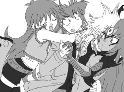 Rule 34 | 1boy, 1girl, 1other, buib (mekako chan), closed eyes, commentary, cropped vest, dancing, duel academy uniform (yu-gi-oh! gx), greyscale, highres, hug, hug from behind, jacket, long hair, mamotte shugogetten!, medium hair, monochrome, monster girl, multicolored hair, no nose, open clothes, open jacket, parody, saotome rei, simple background, spiked hair, surprised, two-tone hair, vest, yu-gi-oh!, yu-gi-oh! gx, yubel, yuki judai