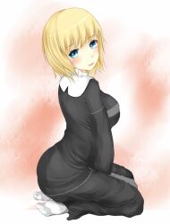 Rule 34 | 1girl, :d, ass, between legs, blonde hair, blue eyes, blush, breasts, commentary request, dot nose, from side, full body, habit, hand between legs, large breasts, long sleeves, looking at viewer, medium bangs, medium hair, nun, open mouth, orsola aquinas, seiza, shin (highest1192), sitting, smile, socks, solo, toaru majutsu no index, white socks