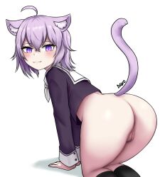 Rule 34 | 1girl, ahoge, all fours, animal ears, artist name, ass, blush, bottomless, cat ears, cat girl, cat tail, cleft of venus, dako (dakosito), female pubic hair, from behind, highres, hololive, light purple hair, looking at viewer, nekomata okayu, pubic hair, purple eyes, pussy, sailor collar, sailor shirt, shirt, short hair, socks, solo, tail, virtual youtuber, white background