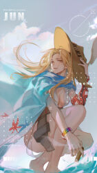 Rule 34 | 1girl, absurdres, bare legs, blonde hair, blue scarf, bracelet, breasts, brown eyes, brown hat, cassidy (overwatch), chinese commentary, chromatic aberration, cigar, cleavage, commentary, commentary request, english commentary, hat, highres, holding, holding cigar, holding clothes, holding hat, jewelry, leaf, long hair, looking at viewer, maple leaf, mechanical arms, medium breasts, mixed-language commentary, open clothes, open shirt, overwatch, overwatch 2, parted lips, scarf, shirt, single mechanical arm, smoke, solo, squatting, white shirt, yoohu6