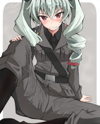Rule 34 | 10s, 1girl, absurdres, anchovy (girls und panzer), anzio military uniform, arm support, artist name, belt, black footwear, black ribbon, black shirt, blouse, blurry, boots, commentary request, dated, depth of field, drill hair, eyes visible through hair, girls und panzer, green hair, grey background, grey jacket, grey pants, grin, hair ribbon, hand on own knee, highres, isofude, jacket, knee boots, long hair, looking at viewer, military, military uniform, outside border, pants, pants tucked in, red eyes, ribbon, rounded corners, sam browne belt, shirt, signature, sitting, smile, solo, sweat, twin drills, twintails, twitter username, uniform