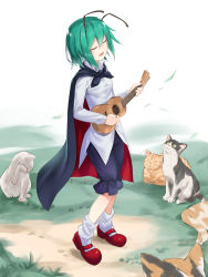 Rule 34 | 1girl, animal, antennae, asutora, black cape, black pants, cape, cat, closed eyes, commentary request, day, full body, green hair, guitar, hair between eyes, highres, instrument, long sleeves, loose socks, mary janes, music, open mouth, outdoors, pants, playing instrument, red footwear, shirt, shoes, short hair, socks, touhou, white legwear, white shirt, wriggle nightbug