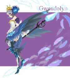 Rule 34 | 1girl, armor, armored dress, character name, crown, dress, feathers, gwendolyn (odin sphere), katou kouki, leg wings, low wings, odin sphere, polearm, purple background, solo, spear, strapless, strapless dress, weapon, wings