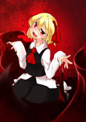 Rule 34 | 1girl, ascot, blonde hair, blouse, blurry, blush, darkness, depth of field, hair ribbon, head tilt, highres, kameyan, kneeling, looking at viewer, open mouth, outstretched arms, red eyes, ribbon, rumia, shirt, short hair, skirt, solo, touhou, vest