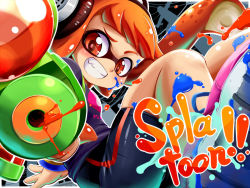 Rule 34 | 1girl, aiming, aiming at viewer, bike shorts, blouse, copyright name, domino mask, flat chest, foreshortening, grin, headphones, inkling, inkling girl, inkling player character, konpeto, long hair, mask, matching hair/eyes, nintendo, orange eyes, orange hair, outside border, paint splatter, pointy ears, print shirt, purple shirt, shirt, shoes, sidelocks, skindentation, slime, smile, sneakers, solo, splatoon (series), squid, striped bike shorts, striped clothes, super soaker, tentacle hair, thighs, transmission tower, twintails, weapon