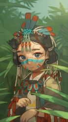 Rule 34 | 1girl, aztec, aztec mythology, black hair, blue eyes, child, female focus, hair ornament, highres, jewelry, leaf, looking at viewer, opossumachine, outdoors, plant, smile, solo, upper body, wristband