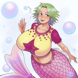Rule 34 | 1girl, breasts, bubble, camie (one piece), collarbone, highres, huge breasts, looking at viewer, mermaid, monster girl, one piece, pinkkoffin, solo, tagme
