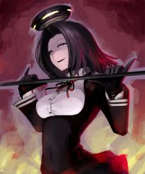 Rule 34 | 10s, 1girl, black gloves, breasts, glaive (polearm), gloves, halo, hetza (hellshock), kantai collection, looking at viewer, mechanical halo, open mouth, personification, polearm, purple hair, red eyes, school uniform, shaded face, short hair, smile, tatsuta (kancolle)
