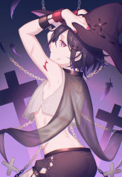 Rule 34 | 1boy, alternate costume, arms up, ass, bare shoulders, black shorts, chain, clothing request, commentary request, crop top, cross, cuffs, danganronpa (series), danganronpa v3: killing harmony, ewa (seraphhuiyu), feathers, from side, gradient background, handcuffs, hands on headwear, hat, highres, looking at viewer, male focus, nail polish, oma kokichi, purple background, red nails, shackles, shirt, shorts, shoulder tattoo, sleeveless, solo, tattoo, torn clothes, torn shirt, trap, witch hat
