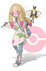 Rule 34 | 1girl, :o, bad id, bad pixiv id, bag, bare shoulders, blonde hair, blue footwear, blue pants, bra, bright pupils, brown scarf, collarbone, creatures (company), eyelashes, facepaint, flat chest, flying, forehead, full body, game freak, gen 7 pokemon, grey eyes, half-closed eyes, hands on own cheeks, hands on own face, highres, holding, hunched over, insect wings, jewelry, jitome, leaning forward, legs apart, long hair, looking at viewer, low-tied long hair, mina (pokemon), nintendo, notebook, off shoulder, official style, open mouth, oversized clothes, oversized shirt, paintbrush, pants, pink bra, poke ball, pokemon, pokemon (creature), pokemon sm, ribombee, ring, scarf, shadow, shirt, shoes, sidelocks, simple background, sneakers, standing, strap, tellzeta, tongue, torn clothes, torn pants, trial captain, underwear, white background, white shirt, wings