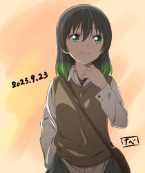 Rule 34 | 1girl, arm up, bag, black hair, brown cardigan, cardigan, check commentary, closed mouth, commentary request, dated, green eyes, hair between eyes, hair down, hand in pocket, hand on own neck, highres, looking afar, love live!, love live! nijigasaki high school idol club, medium hair, multicolored hair, pastel colors, shirt, shoulder bag, signature, smile, solo, streaked hair, takasaki yu, two-tone hair, watanabe keisuke, white shirt