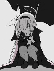 Rule 34 | 1girl, absurdres, black coat, black serafuku, blue archive, braid, closed mouth, coat, commentary, greyscale, hair over one eye, hair ribbon, hairband, halo, highres, holding, holding umbrella, long hair, looking at viewer, monochrome, neckerchief, one eye covered, open clothes, open coat, plana (blue archive), ribbon, school uniform, serafuku, shoes, shumi-kun, side braid, solo, squatting, umbrella, very long hair, white background, white neckerchief