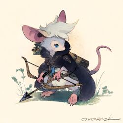 Rule 34 | animal, animal focus, arrow (projectile), artist name, belt, black cloak, blue eyes, bow (weapon), cloak, clothed animal, full body, highres, holding, holding bow (weapon), holding weapon, jewelry, looking to the side, mouse (animal), murayama ryota, no humans, original, pendant, quiver, signature, simple background, smile, solo, standing, weapon, yellow background