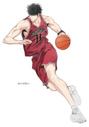 Rule 34 | 1boy, armband, ball, basketball (object), basketball jersey, basketball uniform, bishounen, black armband, black eyes, black hair, dribbling (basketball), full body, highres, holding, holding ball, korean text, looking ahead, male focus, no11xno10, red shorts, red tank top, rukawa kaede, running, short hair, shorts, slam dunk (series), solo, sportswear, tank top, toned, toned male, translated, white background, white sneakers