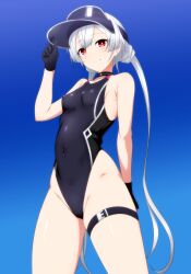 1girl alternate_costume choker danpu duel_monster gloves grey_hair hat highres long_hair one-piece_swimsuit red_eyes sky_striker_ace_-_roze solo swimsuit thigh_strap twintails yu-gi-oh!