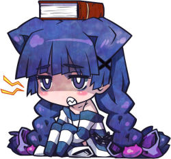 Rule 34 | 1girl, alice (criminal girls), book, book on head, bow, braid, bright pupils, chain, chibi, clenched teeth, criminal girls, full body, hair bow, ichihaya, jewelry, jitome, long hair, long sleeves, necklace, nippon ichi, object on head, official art, purple eyes, purple hair, sharp teeth, simple background, sitting, sleeves past wrists, solo, striped clothes, striped thighhighs, teeth, thighhighs, twin braids, twintails