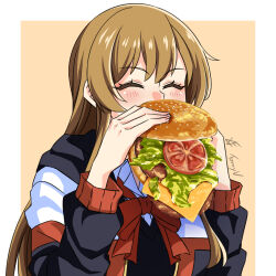 Rule 34 | 1girl, blush, bow, bowtie, brown hair, burger, burger malfunction, cheese, closed eyes, commentary, d4dj, eating, food, highres, holding, holding burger, holding food, jacket, long hair, long sleeves, solo, tanny v, tomato, yamate kyouko