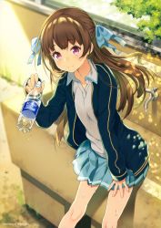 Rule 34 | 1girl, absurdres, aqua ribbon, aqua skirt, artist name, blue ribbon, blurry, bottle, brand name imitation, brown hair, closed mouth, collarbone, collared shirt, depth of field, english text, faucet, green jacket, green skirt, hair ribbon, half updo, harunoibuki, highres, holding, holding bottle, jacket, leaning forward, long hair, open clothes, open jacket, original, outdoors, pink eyes, pleated skirt, ribbon, scan, shirt, skirt, sleeves past wrists, smile, solo, water bottle, white shirt, wing collar