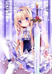 Rule 34 | 1girl, bad id, bad pixiv id, blonde hair, corset, dress, hair ribbon, in tree, jewelry, long hair, nanase nao, necklace, original, petals, pillar, pocket watch, puffy short sleeves, puffy sleeves, purple eyes, ribbon, short sleeves, sitting, smile, solo, sword, thighhighs, tree, very long hair, watch, weapon, white dress, white thighhighs, zettai ryouiki