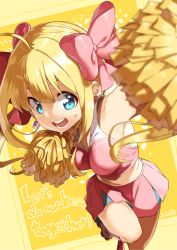 Rule 34 | 1girl, :d, ahoge, armpits, blonde hair, blue eyes, bow, cheerleader, chou idol densetsu oomori anko, earrings, english text, hair bow, jewelry, long hair, looking at viewer, midriff, oomori anko, open mouth, pink bow, pink skirt, pink tank top, pom pom (cheerleading), signature, skirt, smile, solo, standing, standing on one leg, sweat, tank top, twintails, yellow background, yuuzii