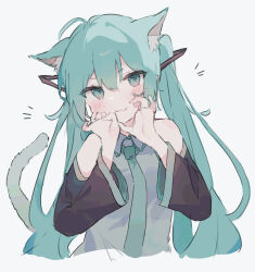 Rule 34 | 1girl, :3, ahoge, animal ear fluff, animal ears, aqua eyes, aqua hair, aqua necktie, bare shoulders, black sleeves, blush, cat ears, cat girl, cat tail, claw pose, closed mouth, cropped torso, detached sleeves, dot nose, grey background, hair between eyes, hair ornament, hands up, hatsune miku, highres, kemonomimi mode, long hair, long sleeves, looking at viewer, muted color, necktie, notice lines, otintin, simple background, sleeveless, smile, solo, tail, thick eyelashes, twintails, upper body, v-shaped eyebrows, vocaloid, w arms, wide sleeves, wing collar