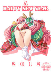 Rule 34 | 10s, 1girl, 2012, :d, breasts, cleavage, crossed legs, dragon, eastern dragon, feet, floral print, flower, foreshortening, furisode, glasses, hair flower, hair ornament, happy new year, highres, japanese clothes, kimono, large breasts, log-mi (tonpuu), long hair, looking at viewer, new year, no shoes, obi, open mouth, original, pink hair, purple eyes, red-framed eyewear, red eyes, sash, simple background, sitting, smile, socks, solo, tabi, tonpuu, white background, yukata