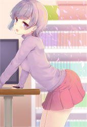 Rule 34 | 1girl, against table, blurry, blurry background, blush, breasts, depth of field, from side, holding, holding stylus, indoors, komone ushio, long sleeves, looking at viewer, miniskirt, open mouth, original, pleated skirt, purple eyes, purple hair, purple sweater, red skirt, short hair, skirt, small breasts, solo, stylus, sweater, table