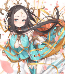 Rule 34 | 1girl, black hair, blush, breast curtains, breasts, chestnut mouth, dated, detached sleeves, facial mark, falling petals, floating clothes, floating hair, forehead, forehead mark, green eyes, hair ornament, hands on own legs, hattori masaki, headgear, highres, large breasts, leaning forward, light rays, long sleeves, looking at viewer, no shoes, parted hair, petals, see-through, see-through skirt, sennen sensou aigis, short hair with long locks, signature, skirt, solo, tassel, toeless legwear, wide sleeves, yuanshi tianzun (sennen sensou aigis)