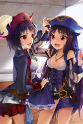 Rule 34 | 2girls, arms up, bad id, bad pixiv id, bare shoulders, belt, bicorne, breasts, ddongu, fang, hat, jacket, jewelry, long hair, multiple girls, necklace, open mouth, panties, pleated skirt, purple hair, red eyes, rion flina, short hair, sion flina, skirt, skull and crossbones, smile, striped clothes, striped panties, sword girls, underwear