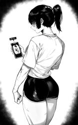 Rule 34 | 1girl, absurdres, alternate costume, ass, cellphone, cellphone photo, closed mouth, fingernails, from behind, glasses, greyscale, highres, holding, holding phone, jujutsu kaisen, long hair, masoq, monochrome, phone, ponytail, profile, round eyewear, shirt, short shorts, short sleeves, shorts, solo, t-shirt, thighs, zen&#039;in maki