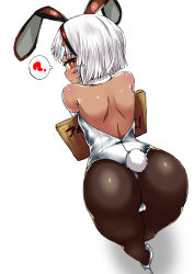 Rule 34 | 1girl, ?, absurdres, altera (fate), animal ears, ass, back, bent over, blush, breasts, brown pantyhose, dark-skinned female, dark skin, detached collar, fake animal ears, fate/extella, fate/extra, fate (series), highleg, highleg leotard, highres, leotard, looking at viewer, looking back, pantyhose, playboy bunny, rabbit ears, rabbit tail, red eyes, senbon tsuki, short hair, sign, small breasts, strapless, strapless leotard, tail, thighs, white hair, white leotard