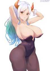 Rule 34 | 1girl, absurdres, areola slip, breasts, bursting breasts, curvy, highres, horns, large breasts, leotard, multicolored hair, nsfw oa, one piece, pantyhose, playboy bunny, transparent background, white hair, yamato (one piece), yellow horns