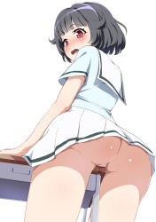 Rule 34 | 10s, 1girl, ass, bang dream!, black hair, blush, crotch rub, desk, female masturbation, from below, highres, looking at viewer, looking back, looking down, masturbation, no panties, open mouth, pussy, pussy juice, pussy peek, red eyes, sakamata (sakamata4), school desk, school uniform, short hair, simple background, skirt, solo, standing, table humping, uncensored, upskirt, ushigome rimi, white background
