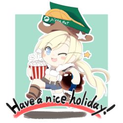 Rule 34 | 1girl, blonde hair, blue eyes, boots, chibi, cola, colt revolver (girls&#039; frontline), commentary request, country connection, cowboy, cowboy hat, cowboy western, english text, food, fourth of july, girls&#039; frontline, hat, highres, kulettula, one eye closed, open mouth, pepsi, pizza, pizza box, pizza hut, popcorn, sheriff badge, soda bottle, solo, western