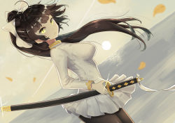Rule 34 | 1girl, absurdres, azur lane, bad id, bad pixiv id, bow, breasts, brown eyes, brown hair, brown pantyhose, closed mouth, commentary request, coraman, dutch angle, from side, hair bow, high ponytail, highres, holding, holding sheath, horizon, jacket, katana, large breasts, long hair, long sleeves, looking at viewer, looking to the side, ocean, outdoors, pantyhose, parted lips, petals, pleated skirt, ponytail, ribbon, sheath, sheathed, sidelocks, skirt, sky, solo, sun, sunset, sword, takao (azur lane), very long hair, water, weapon, white bow, white jacket, white ribbon, white skirt