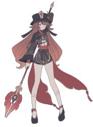 Rule 34 | 1girl, absurdres, adapted costume, ankle ribbon, black capelet, black footwear, black hat, black shorts, blouse, brown hair, brown jacket, capelet, chinese clothes, coattails, commentary request, cropped jacket, flats, flower, genshin impact, hair flaps, hat, hat flower, highres, holding, holding polearm, holding weapon, hu tao (genshin impact), jacket, leg ribbon, long hair, long sleeves, looking at viewer, polearm, porkpie hat, red flower, red ribbon, red shirt, ribbon, ririco (gnsn), shirt, shorts, sidelocks, socks, solo, staff of homa (genshin impact), twintails, very long hair, vest, weapon, white socks, white vest
