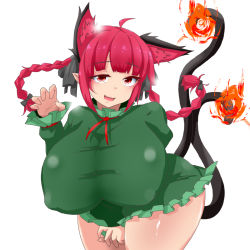 Rule 34 | 1girl, animal ears, bow, braid, breasts, cat ears, cat tail, curvy, dress, extra ears, fire, fire, flame-tipped tail, hair bow, highres, himenomikan, huge breasts, kaenbyou rin, multiple tails, nekomata, pointy ears, red eyes, red hair, solo, tail, thick thighs, thighs, touhou, twin braids, two tails, wide hips