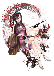 Rule 34 | 1girl, alternate costume, argyle, argyle clothes, argyle cutout, blue eyes, blush, breasts, brown hair, china dress, chinese clothes, cleavage, cleavage cutout, closed mouth, clothing cutout, coat, corded phone, crossed legs, diamond (shape), dress, envelope, eyebrows, floral print, full body, glasses, grey footwear, guaili luanshen, hair between eyes, hairband, high heels, holding, holding smoking pipe, long hair, looking to the side, low twintails, makinami mari illustrious, neon genesis evangelion, phone, plant, print dress, rebuild of evangelion, red-framed eyewear, round window, shoes, side slit, sitting, smile, smoke, smoking pipe, solo, twintails, unworn coat, vines, window