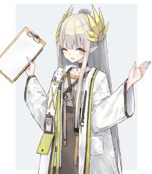 Rule 34 | 1girl, absurdres, arknights, blunt bangs, border, buran (kure), choker, clipboard, coat, cowboy shot, female focus, grey background, headdress, highres, long hair, looking at viewer, mole, mole under eye, muelsyse (arknights), one eye closed, open clothes, open coat, open mouth, outside border, pointy ears, silver hair, solo, two-tone background, very long hair, white background, white border, yellow eyes