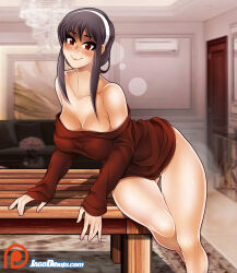 Rule 34 | 1girl, absurdres, arm support, artist name, bare legs, bare shoulders, black hair, breasts, cleavage, curvy, hairband, highres, jago dibuja, large breasts, medium hair, naked sweater, off shoulder, raised eyebrows, red eyes, red sweater, simple background, smile, solo, spy x family, sweater, wide hips, yor briar
